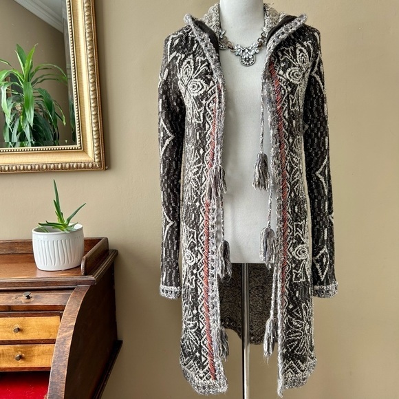 Free People Kai Tassel Pom Pom Tapestry Hooded Long Cardigan Sweater XS - Picture 2 of 16